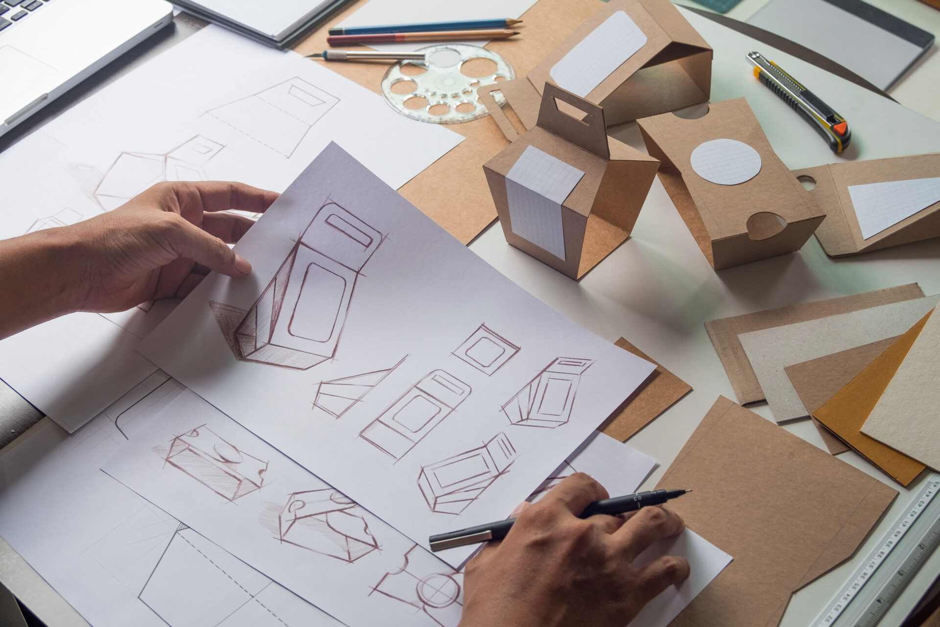 Designer sketching drawing design Brown craft cardboard paper product eco packaging mockup box development template package branding Label . designer studio concept .