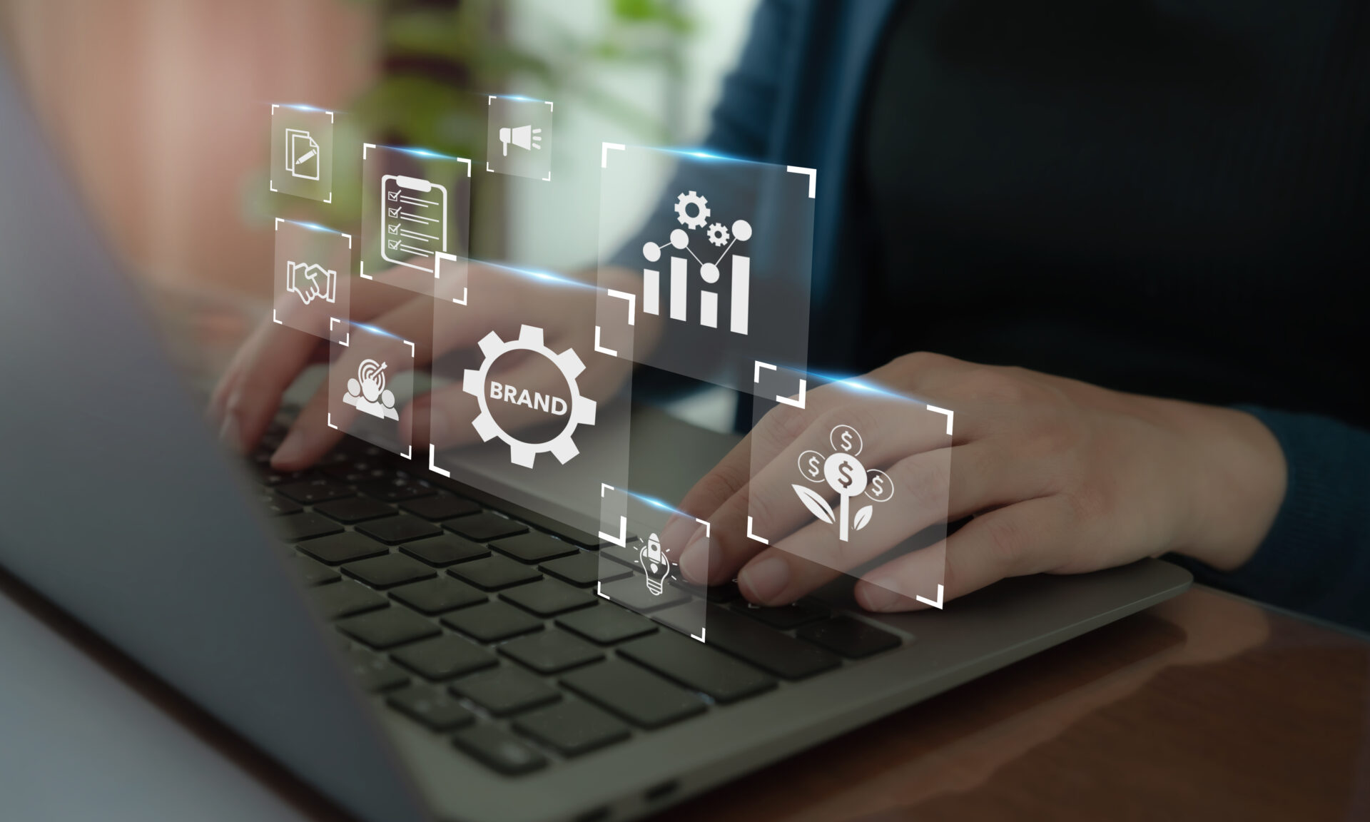 Build a strong brand, Brand concept. Distinctive identity represents a companyâs values and ideas through well designed logos, catchy slogans, unique products, or excellent services.Branding banner.